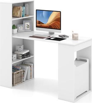 48 Inch Computer Desk with Bookshelf, Reversible Study Writing Desk with Storage Shelves & CPU Stand, Compact Office Desks & Workstations, White Desk for Bedroom, Kids Room, Study (White)