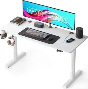 BANTI 55"x24" Standing Desk, Electric Stand up Height Adjustable Home Office Table, Sit Stand Desk with Splice Board, White Frame & White Top