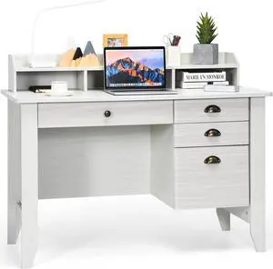 Tangkula White Computer Vintage Desk with 4 Storage Drawers & Hutch, Storage Shelves, Wooden Executive Writing Study Desk for Home Office (White)