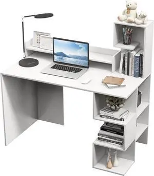 Tangkula White Desk with Storage Bookshelf & Hutch, 48 Modern Home Office Desk with 8 Storage Shelves, Space Saving Writing Study Desk for Bedroom, Compact Computer Workstation for Home