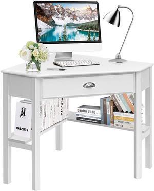 Tangkula White Corner Desk with Drawer, Storage Shelves for Computer, Makeup Vanity Desk for Small Space, 90 Degrees Triangle Desk