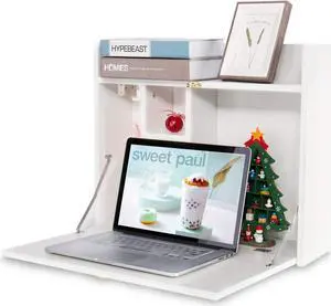 YUSING Wall Mounted Table, Multifunctional Fold Down Wall Mounted Laptop Computer Desk with Storage Compartments for Home, Office, White