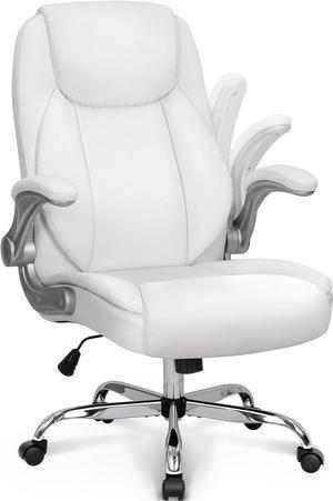 NEO CHAIR Ergonomic Office Chair PU Leather Executive High Back Computer Desk Chair Adjustable Height Flip-up Armrests Lumbar Support Swivel Rolling Wheels Comfy for Home Gaming (White)