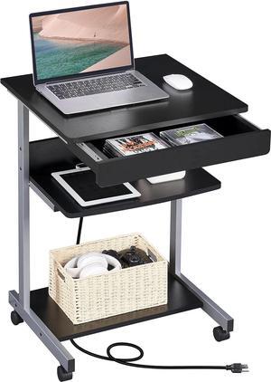 Topeakmart Mobile Laptop Desk Compact Computer Table on Wheels with Power Outlet and USB Ports, Home Office Writing Desk with Charging Station and Printer Shelf Small Desk 22in for Space Saving, Black