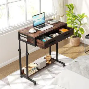 Tribesigns Portable Desk with Drawers, Mobile Laptop Desk with Wheels, Couch Desk Sofa Side Table Bed Desk, Small Standing Desk for Home Office (Brown)