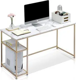 ivinta Computer Desk with Shelves, Office Desk for Living Room,Small Desk with Storage Space, Home Office Desks, Vanity Desk with Gold Legs PC Laptop Table Whale-ML55 (White, 55")