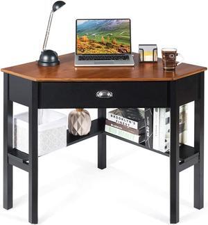 Corner Desk for Small Space, Wood Corner Computer Desk, Compact Writing Table w/Drawer & Storage Shelves, Space Saving Study Workstation, Laptop PC Corner Table for Home Office