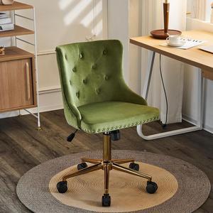 VINGLI Olive Green Velvet Armless Office Desk Chair with Gold Base/Wheels, Small Cute Vanity/Makeup Chair with Back for Bedroom, Upholstered Adjustable Rolling Swivel Nail Chair for Women/Girls