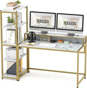 Teraves Computer Desk with 5 Tier Shelves,Reversible Writing Desk with Storage 49 Inch Study Table for Home Office Independent Bookcase and Desk for Multiple Scenes (White Marbling+ Gold Frame)