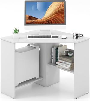 IFANNY Corner Computer Desk, 90 Degrees Triangle Desk w/Shelves & CPU Stand, Compact Corner Vanity Makeup Desk with Storage, Corner Desks for Small Spaces (White)