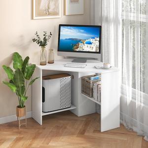 Corner Computer Desk, 90 Degrees Triangle Desk w/Shelves & CPU Stand, Compact Corner Vanity Makeup Desk with Storage, Corner Desks for Small Spaces (White)