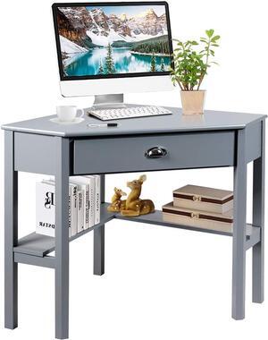 POWERSTONE Corner Desk for Small Space Triangle Computer Desk Corner Writing Desk Corner Makeup Vanity Table with Storage Drawer & Shelf for Home Office, Workstation, Living Room, Bedroom,Grey