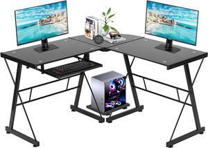 FDW Computer Desk Gaming Desk L Shaped Corner Desk Home Office Writing Workstation Toughened Glass Study Keyboard CPU Stand PC Modern Table for Small Spaces,Black