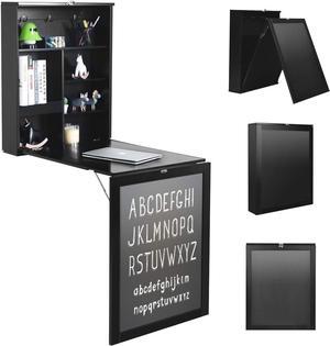Tangkula Folding Wall Mounted Desk, Floating Desk with Chalkboard, Space Saving Fold Up Desk Wall Mounted Convertible Desk, Wall Mounted Table with Storage Shelves & Hooks (Black)