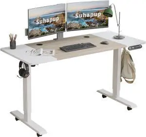 Suhapup Electric Height Adjustable Standing Desk, 55 x 24 inches Sit - Stand Desk for Work or Home Office Push Button Memory Settings Oak+White Splice Board/White Frame