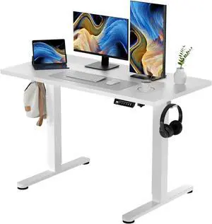 White Standing Desk, 48 X 24 Inch Adjustable Height Electric Desk, Sit Stand Desk with Splice Board and 2 Hooks, Ergonomic Rising Desk for Home Office