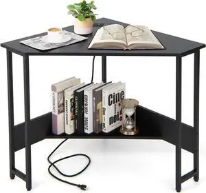 COSTWAY Corner Computer Desk, with USB Ports & Power Outlet, Storage Shelf for Small Space, Triangle Steel Frame Corner Desk for Home Office, Workstation (Black)