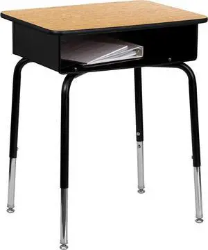 Flash Furniture Billie Open Front Student Desk for Classrooms or Remote Learning, Height Adjustable School Desk with Metal Book Box, Natural/Black