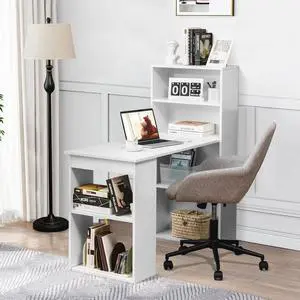 Computer Desk with 6 Storage Shelves - 48" Reversible Writing Desk Workstation with Bookshelf and CPU Stand, Modern Compact Office Desk for Bedroom, Study, Home, Office (White)