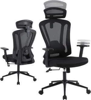 Ergonomic Home Office Chair, High Back Desk Chair with Adjustable Lumbar Support, 2D Armrest and Headrest, Black Mesh Computer Gaming Chair with Tilt Function Ergonomic Home Office Chair, High Back Desk Chair with Adjustable Lumbar Support, 2D Armrest and Headrest, Black Mesh Computer Gaming Chair with Tilt Function