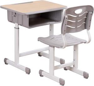 Student Desk and Chair Combo, Height Adjustable Children's Desk and Chair Workstation with Drawer, Pencil Grooves and Hanging Hooks for Home, School and Training (Light Grey&White Oak)
