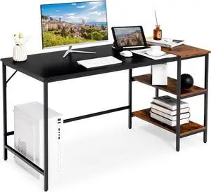 55 Computer Desk, PC Laptop Desk with Storage Shelves, Large Computer Desk with Splice Board, Adjustable Foot Pads, Industrial Home Office Desk for Writing, Study, Game (Black)