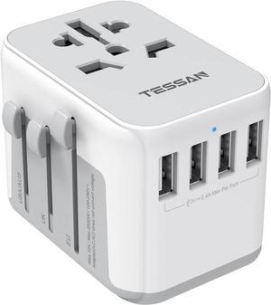 Universal Power Adapter International Plug Adapter with 4 USB Outlets Travel Worldwide Essentials All in 1 Wall Charger Converter for UK EU Europe Ireland AU (Type C/G/A/I) Grey