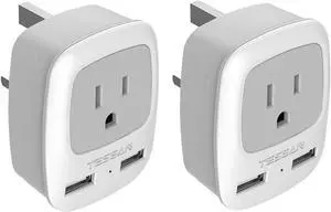 US to UK Ireland Travel Plug Adapter 2 Pack, TESSAN Type G Power Outlet Adaptor with 2 USB for USA to Dubai Scotland British London England Qatar Irish