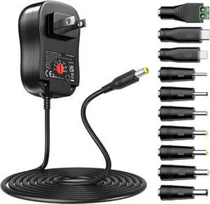 Powseed 6V 9V 12V 15V 18V 20V 24V DC Power Supply Universal AC Adapter 5V 1A USB Charger for Electronics LED Strip Light CCTV Camera Router Lamp, with 10 Connectors USB C Micro USB, 41W Max