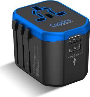 Ceptics Universal Adapter - World Power Charger Wall Charger 2 USB Type I C G A Outlets All in One 110V 220V A/C - Works in Europe, Asia, Australia, China, Africa (UP-8KU-BLK)