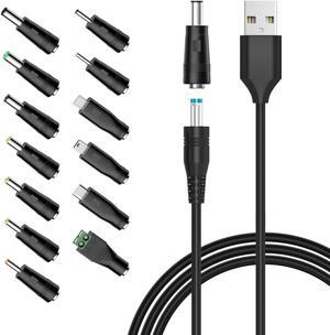 5V Universal DC Power Cable USB to DC Charging Cord with 13pcs Adapter Plugs for Webcam Router Power Bank Toy Recorder Bluetooth Speaker Scanner DVR Hard Disk Box USB-HUB etc.