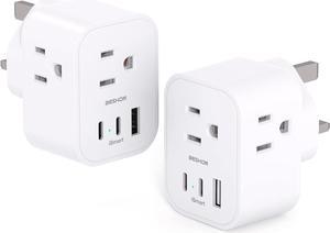 [2 Pack] US to UK Travel Plug Adapter Type G Power Adapter with 3 AC and 3 USB(2 USB C) International Plug Adapter Travel Essentials for USA to England London Scotland British Qatar Irish Hongkong