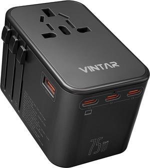 Universal Travel Adapter, VINTAR 75W GaN International Plug Adapter with 3 USB-C PD & 2 USB-A QC, All-in-one Travel Essentials for UK/EU/USA/AUS, Worldwide Power Adapter for Laptops Tablets Phones