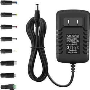 3A 15W AC/DC Power Supply Adapter 100V-240V to 5V DC Power Cord for LED Lights Security Camera HDMI TV Box Raspberry Pi USB Type C with 8 Tips