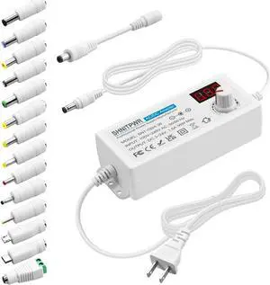 SHNITPWR 36W Universal Power Supply 100-240V AC to DC 3V ~ 24V 1.5A Converter 3V 5V 6V 9V 12V 15V 18V 20V 24V Multi-Voltage Adjustable Power Adapter with 14 Tips & 1 Polarity Converter, White