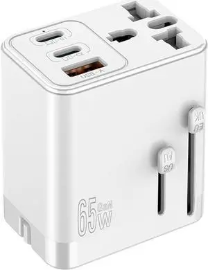 Universal Travel Adapter,65W GaN International Plug Adapter AC 100-250V Worldwide Travel Essentials USB C Power Adapter with 2 USB C 1 USB A Port Charger Block for US UK AUS EU