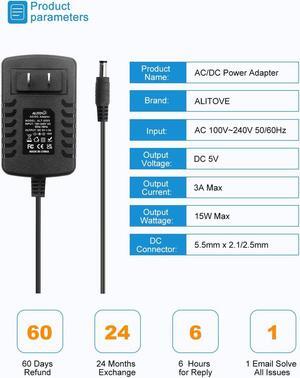ALITOVE 5V 3A Power Supply Adapter Converter Cord, Pack of 5, 5.5mm x 2.5mm 2.1mm Tip AC 100V~240V to DC 5 Volt 3000mA 2500mA 15W for WS2812B WS2811 LED Pixel Light CCTV Camera USB-HUB Wireless Router