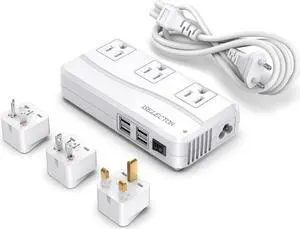 Universal Travel Adapter, Power Step Down 220V to 110V Voltage Converter with 6A 4-Port USB Charging 3 AC Sockets International Plug Adapter for UK/AU/US/EU/Japan More Than 150 Countries