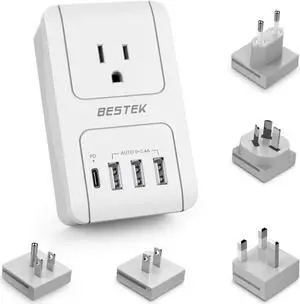 BESTEK International Travel Adapter, 3000W Converter Travel Adapter for Hair Dryer, Curling Iron USB Travel Wall Charger with Worldwide Wall Plugs for US, UK, AU, EU and Asia (PD30W,1004, White)