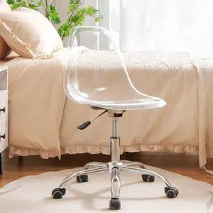 Giantex Acrylic Desk Chair, Clear Armless Office Rolling Chair, Height Adjustable Leisure Ghost Chair w/Chromed Base, Modern Cute Vanity Chair, Swivel Computer Chair for Home Office