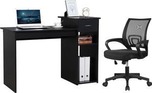 Yaheetech Home Office Modern Desk and Chair Set Computer Desk w/Drawer & Shelves with Ergonomic Mesh Height Adjustable Office Chair