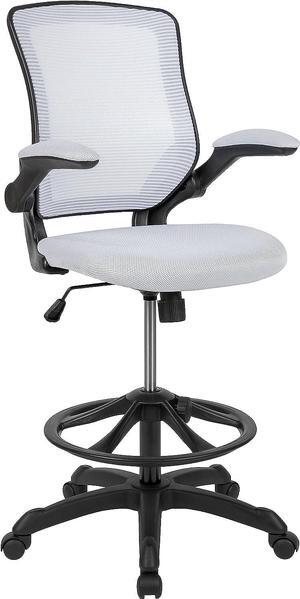 Flash Furniture Kale Mid-Back White Mesh Ergonomic Drafting Chair | Adjustable Foot Ring, Flip-Up Arms