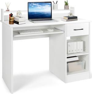 SILKYDRY Computer Desk with Hutch & Keyboard Tray, Home Office Workstation with Drawer, Adjustable Shelves, Modern Vanity Table for Bedroom, Wooden Writing Study Laptop PC Desk (White)