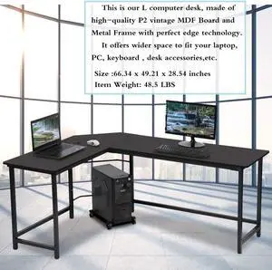 Computer Desk Modern L Shaped Desk, L Corner Desk Gaming Desk PC Laptop Study Wood Table Workstation,Home Office Save Space Study Writing Table with CPU Stand and 15mm MDF,66 Inch,Wood & Metal (Black)
