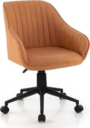 Giantex Leather Office Chair Brown, Mid Century Desk Chair with Wheels and Ergonomic Armrests, Adjustable Swivel Rolling Task Chair, Upholstered Leisure Arm Chair for Home Office Study Bedroom (1)