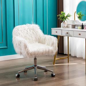 HomVent Faux Fur Home Office Chair, Faux Fur Vanity Chair for Women Girl, Modern Faux Fur Accent Chair Furry Makeup Desk Chairs with Rolling Wheels Armrest for Living Room Bedroom Office Vanity White