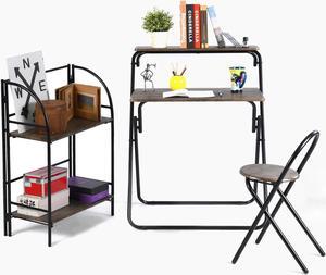 Folding Home Office Desk & Chair & Storage Shelf Sets, No Assembly Required - 29.5-Inch Study Workstation Writing Desk, 2-Tier Storage Rack Organizer Corner Shelf Bookcase, Small Stool Chair, Brown