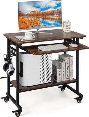 Tangkula Rolling Computer Desk Cart with Keyboard Tray, Mobile Portable Laptop PC Desk with CPU Stand & 3 Hooks for Sofa & Bed, Industrial Small Desk on Wheels for Small Spaces, Home Office Desk