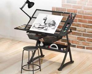 Glass Drafting Table Art Desk  Adjustable Professhional Artwork Drawing Desk, Glass-Topped Art Table for Craft Station Studio Home Office School w/Drawers/Chair  Black