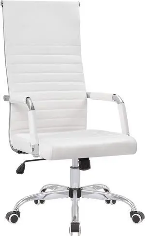 KaiMeng Ribbed Office High Back PU Leather Desk Adjustable Swivel Task Computer Chair with Armrest for Conference Study Leisure, White, Welcome to consult
